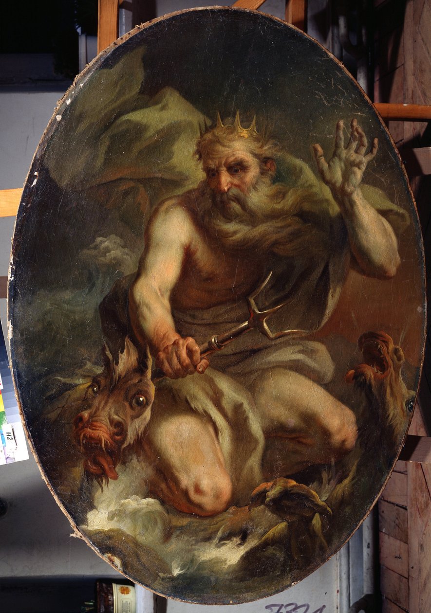 Neptün (Poseidon) bir taç ve deniz canavarları (Neptün) ile temsil edilen bir trident ile. Stefano Torelli