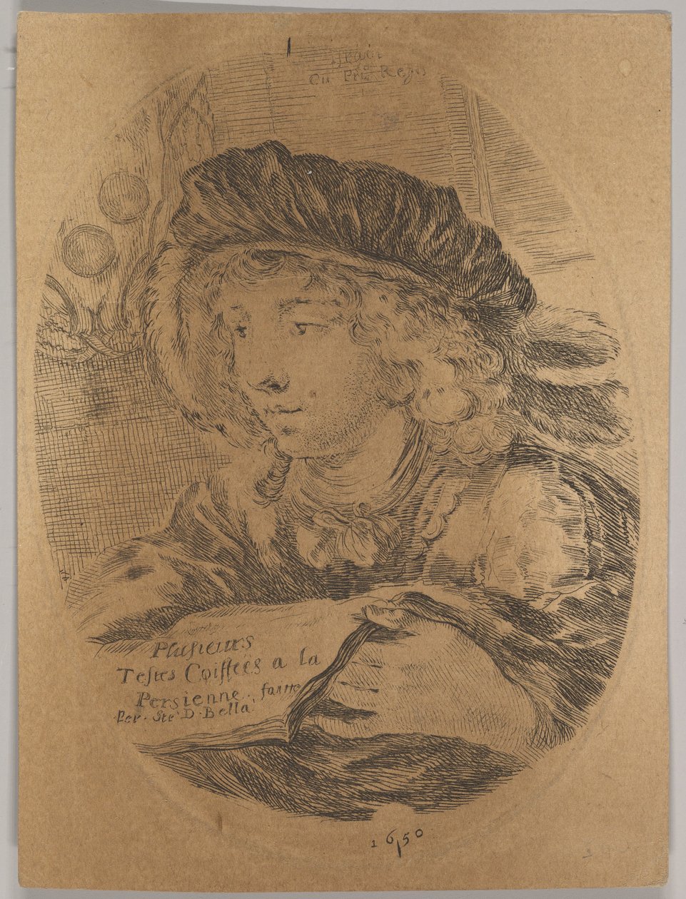 Tüylü bir şapka takan genç bir adamın büstü, dörtte üçü sola döndü, ..., 1650. by Stefano della Bella