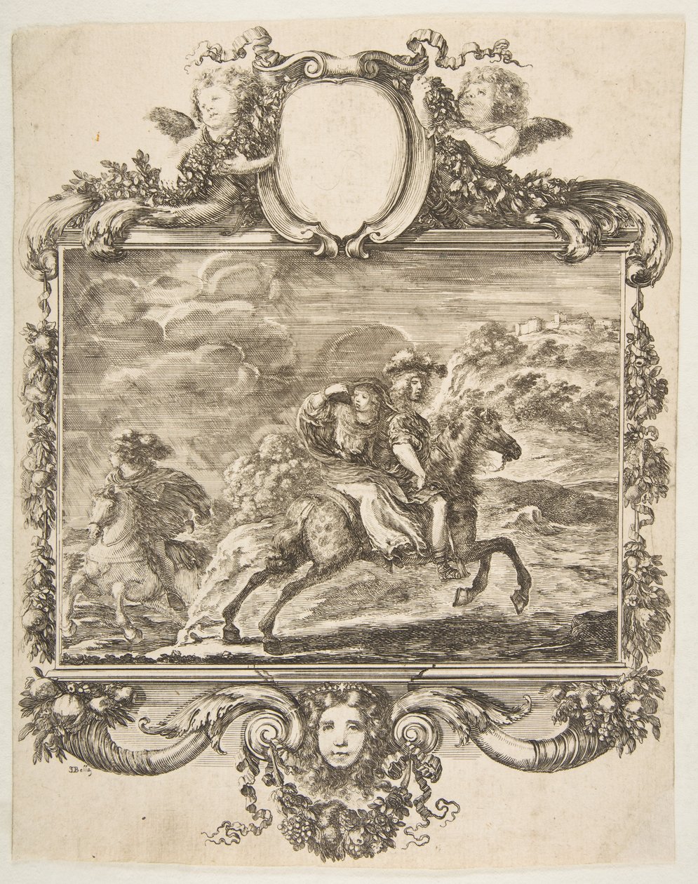 Süslü bir bordür içinde, meyve ve çiçeklerle süslenmiş, at sırtında bir süvari ve bir hanım..., ca. 1655. by Stefano della Bella
