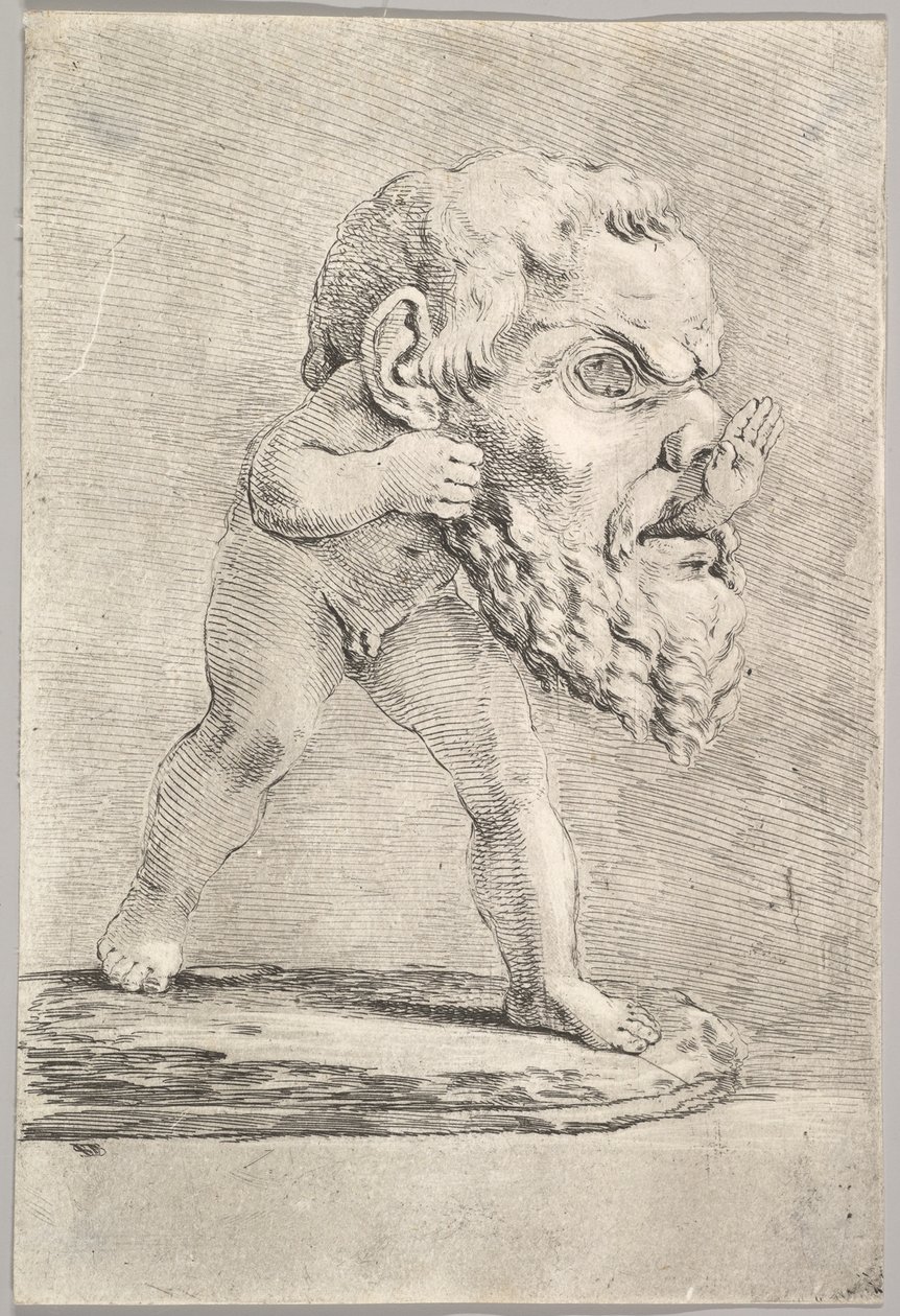 Büyük bir maske takan ve elini ağzından sokan bir çocuk, yakl. 1660. by Stefano della Bella
