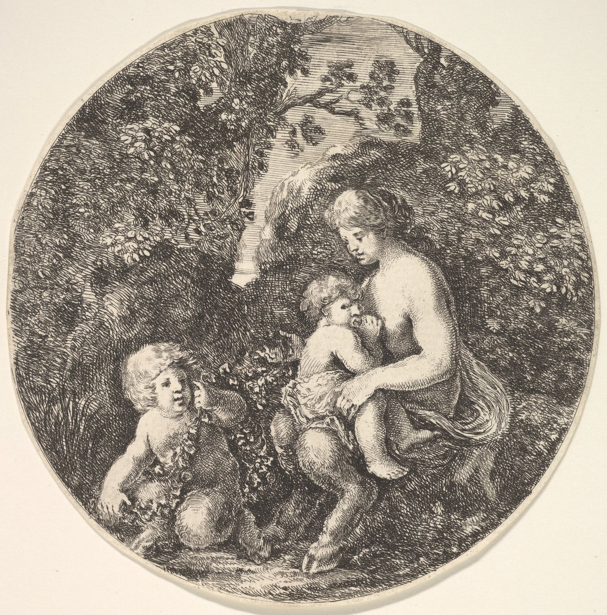 Sağda bir çocuğu emziren bir kadın satir, sola dönük bir satir çocuğu..., 1639. by Stefano della Bella