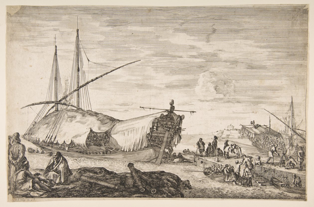 Yelkenlerle kaplı bir kadırga sola, altı top ve dört kişi sola, bir ..., 1655. by Stefano della Bella
