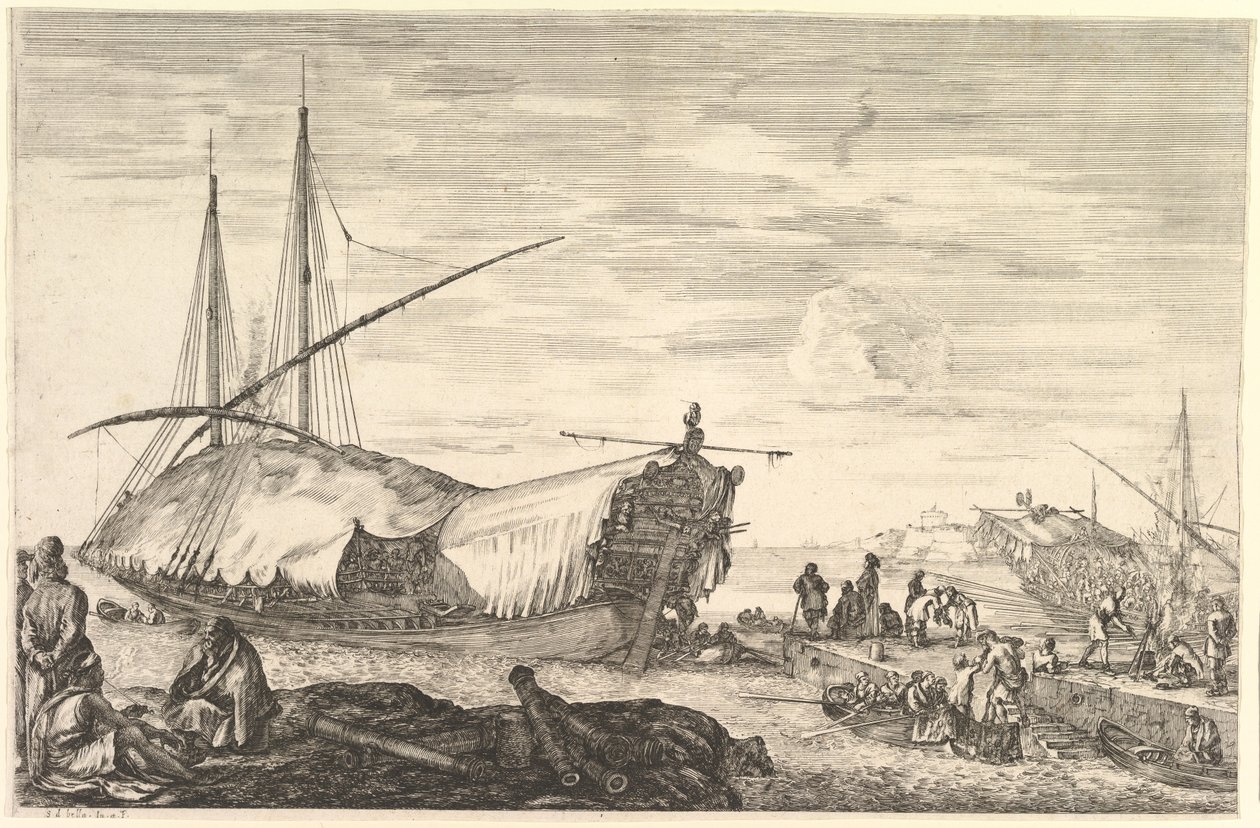 Sola yelkenlerle kaplı bir kadırga, ön planda sola altı top ve dört kişi..., ca. 1652-57. by Stefano della Bella