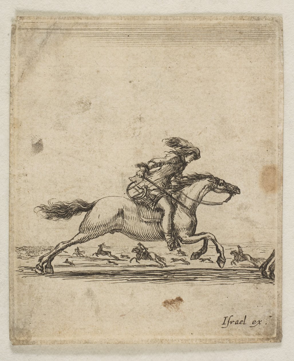 Sağa doğru dört nala koşan elinde kılıcı olan bir süvari, dört nala koşan diğer atlılar..., ca. 1645-46. by Stefano della Bella