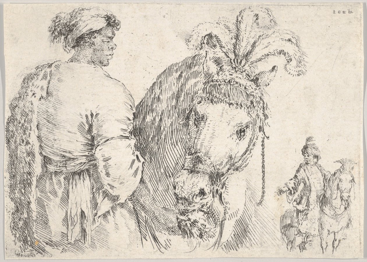 Profilde solda bir adam merkezdeki bir ata bir avuç saman veriyor, bir atlı da t..., yakl. 1662. by Stefano della Bella