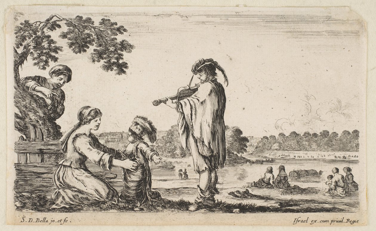 Ortada keman çalan bir adam, profilde sola doğru döndü, oturan bir kadın ..., 1649. by Stefano della Bella