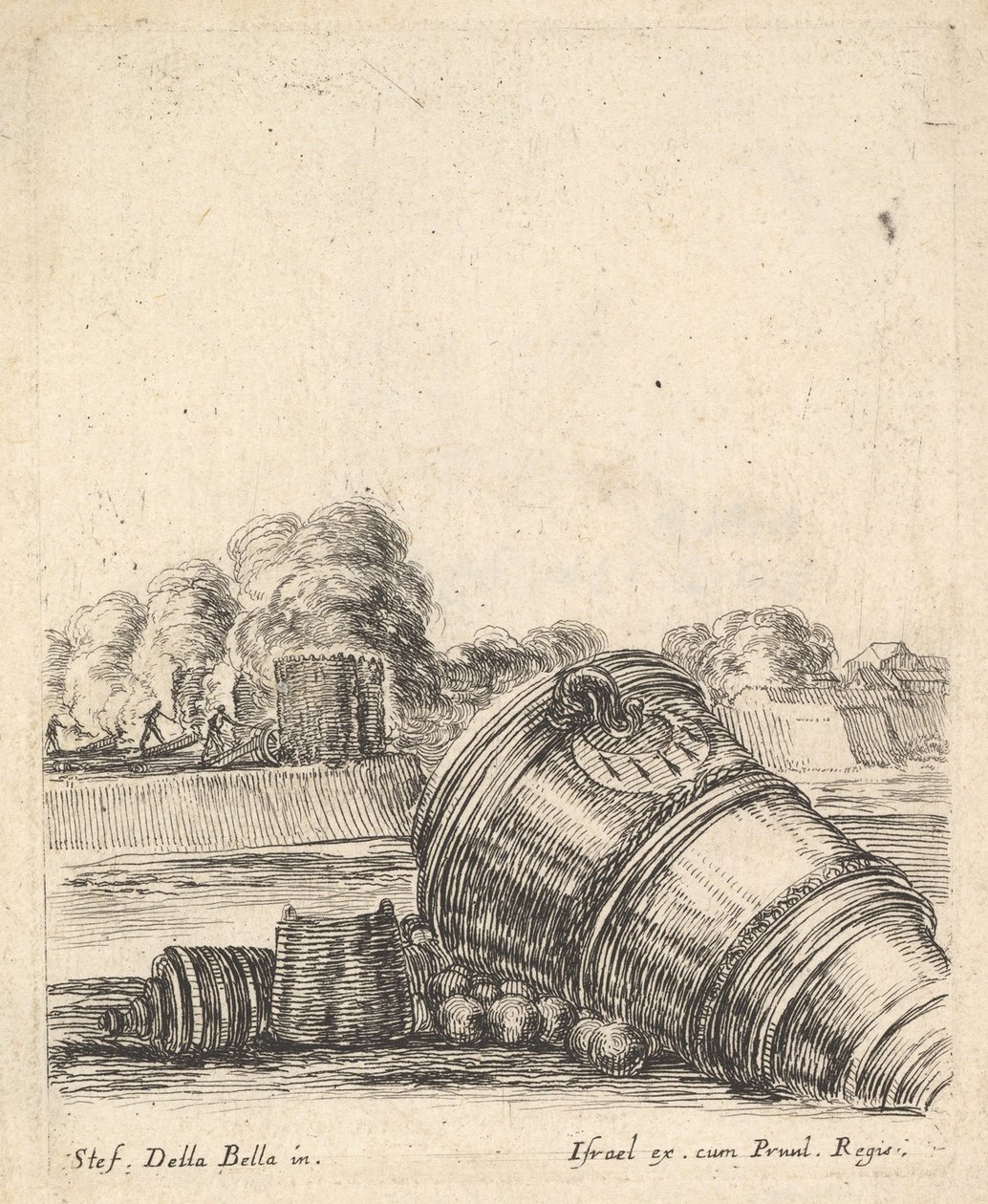 Sağda yerde duran vagonu olmayan bir havan, top ateşleyen askerler..., ca. 1638-43. by Stefano della Bella