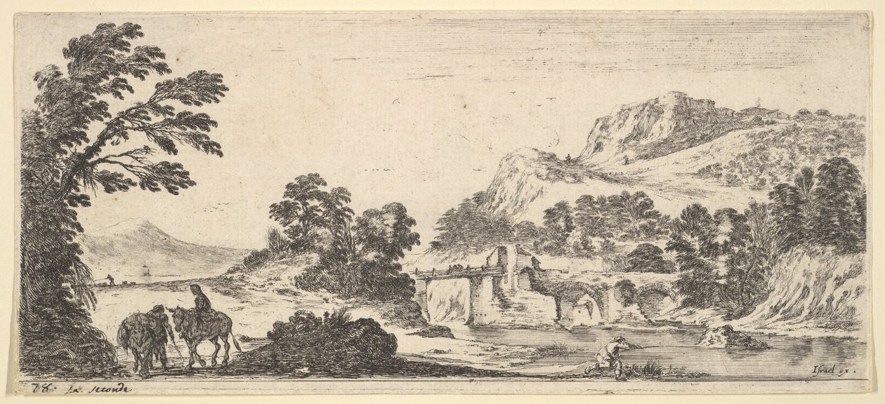 Bir kadını taşıyan bir katır ve bir katırla yürüyen bir köylü sola, bir balıkçı sağa..., ca. 1641. by Stefano della Bella