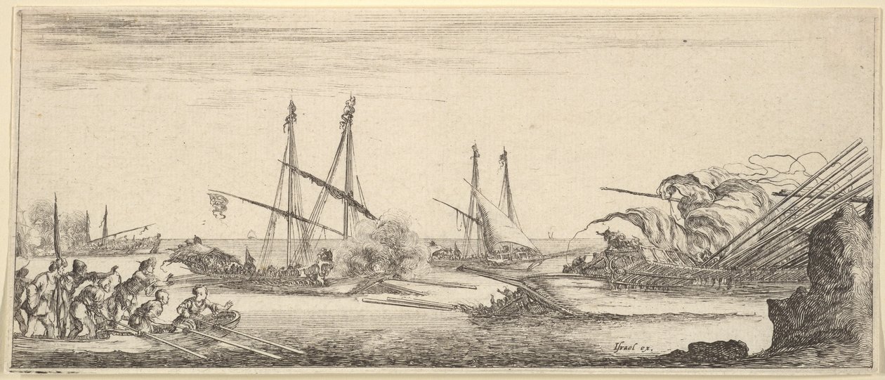 Bir deniz savaşı, adamlarla dolu bir kayık sola, batan bir gemi sağa, iki kadırga ba..., yakl. 1641. by Stefano della Bella