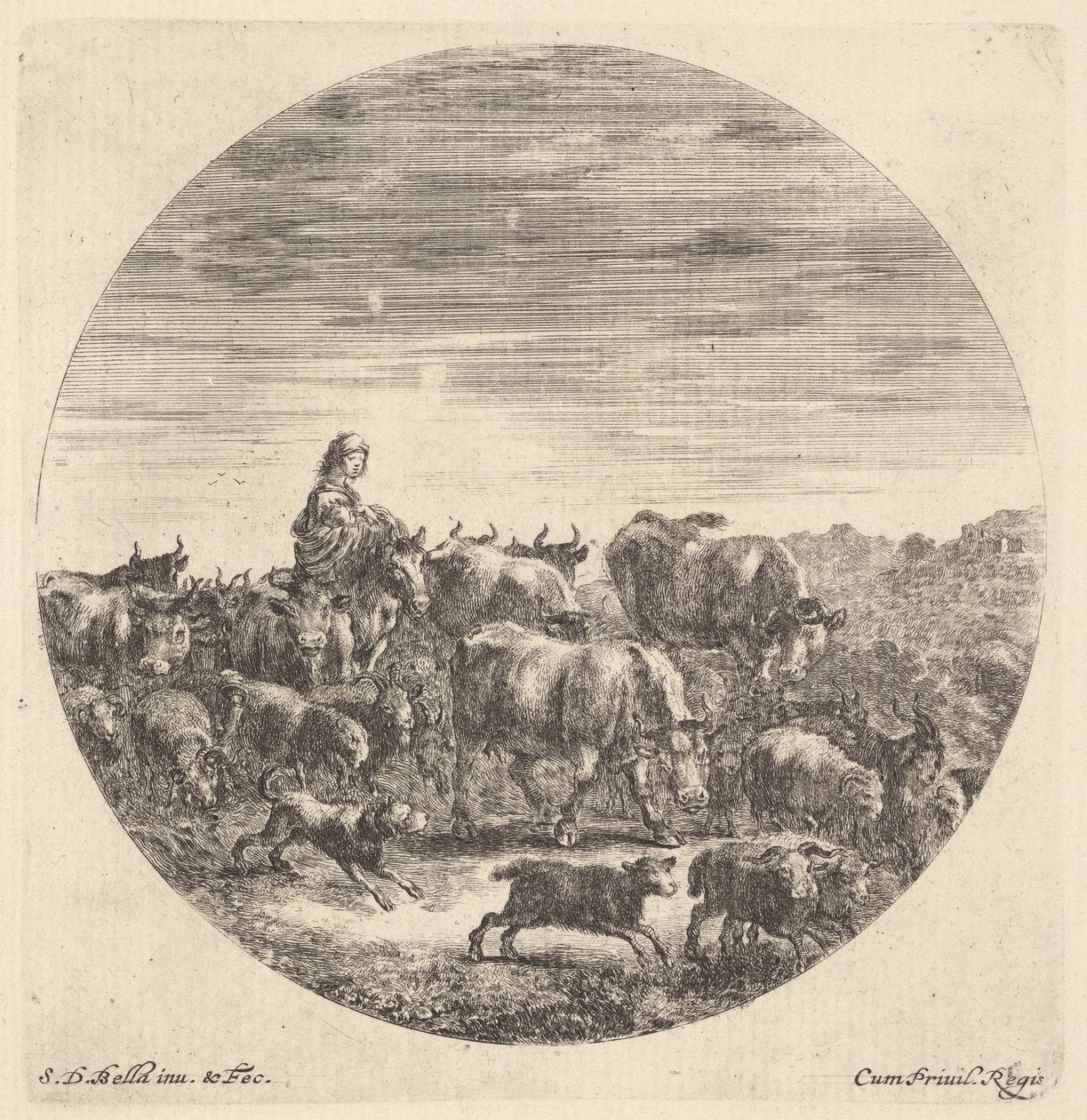 Bir at üzerinde oturan, sola bakan, sağa bakan, etrafı bir fc sürüsü ile çevrili bir köylü kadın..., ca. 1643-48. by Stefano della Bella