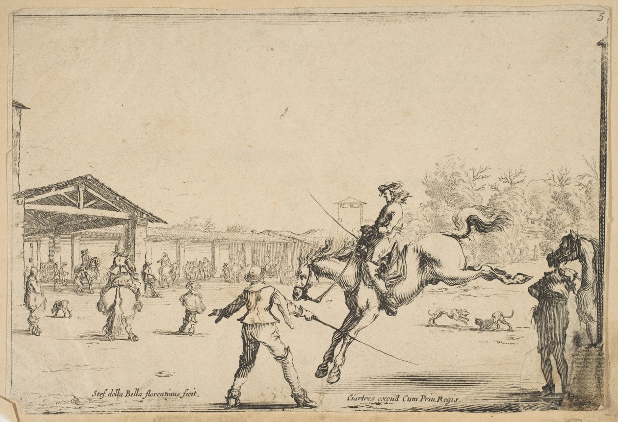 Bir binicilik okulu, kılıcı olan başka bir adam tarafından yönetilen kılıçla zıplayan bir süvari..., ca. 1645. by Stefano della Bella
