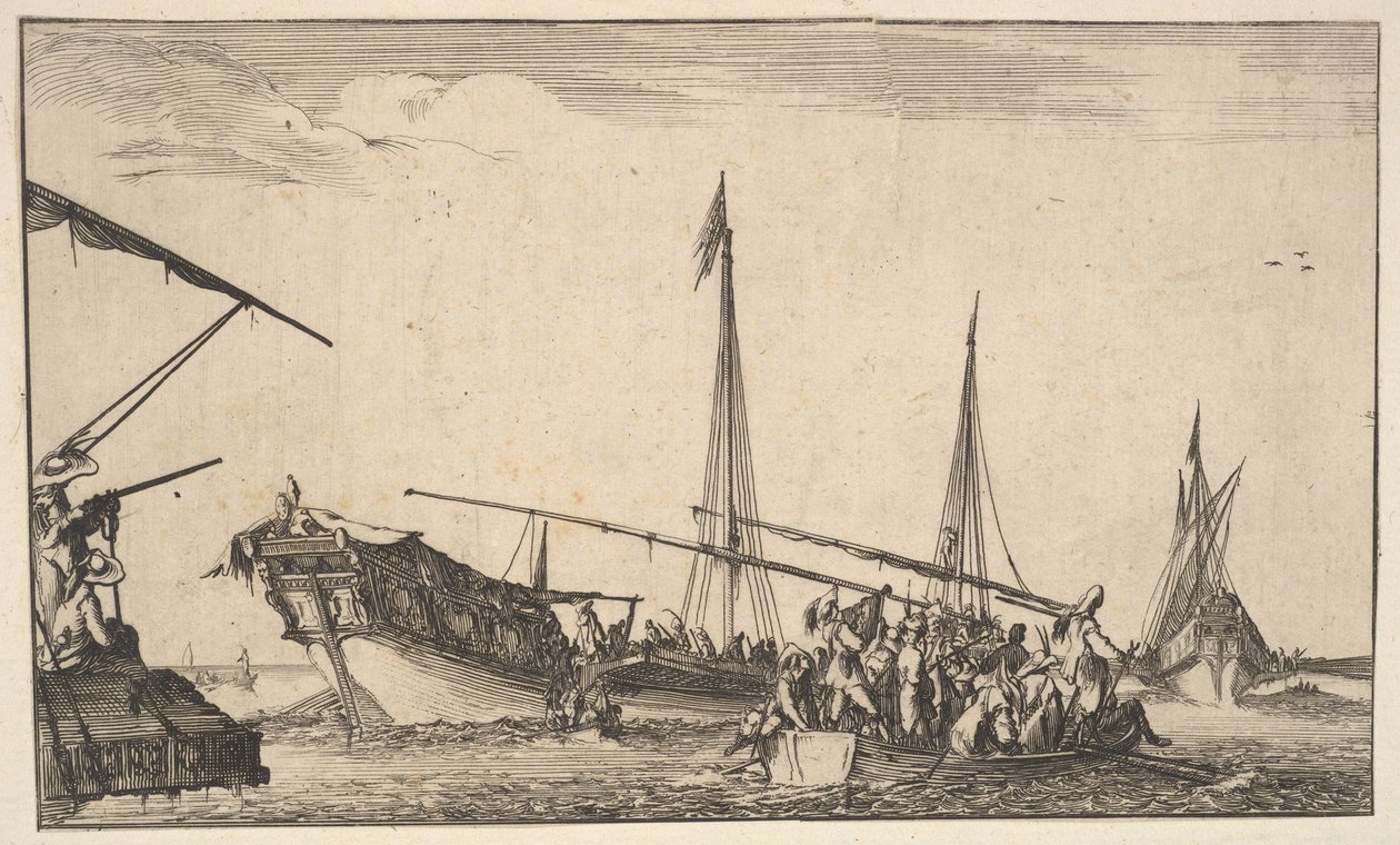 Sağda adamlarla dolu bir kayık, arkadan sola doğru inen adamlarla dolu bir gemi..., 1639. by Stefano della Bella
