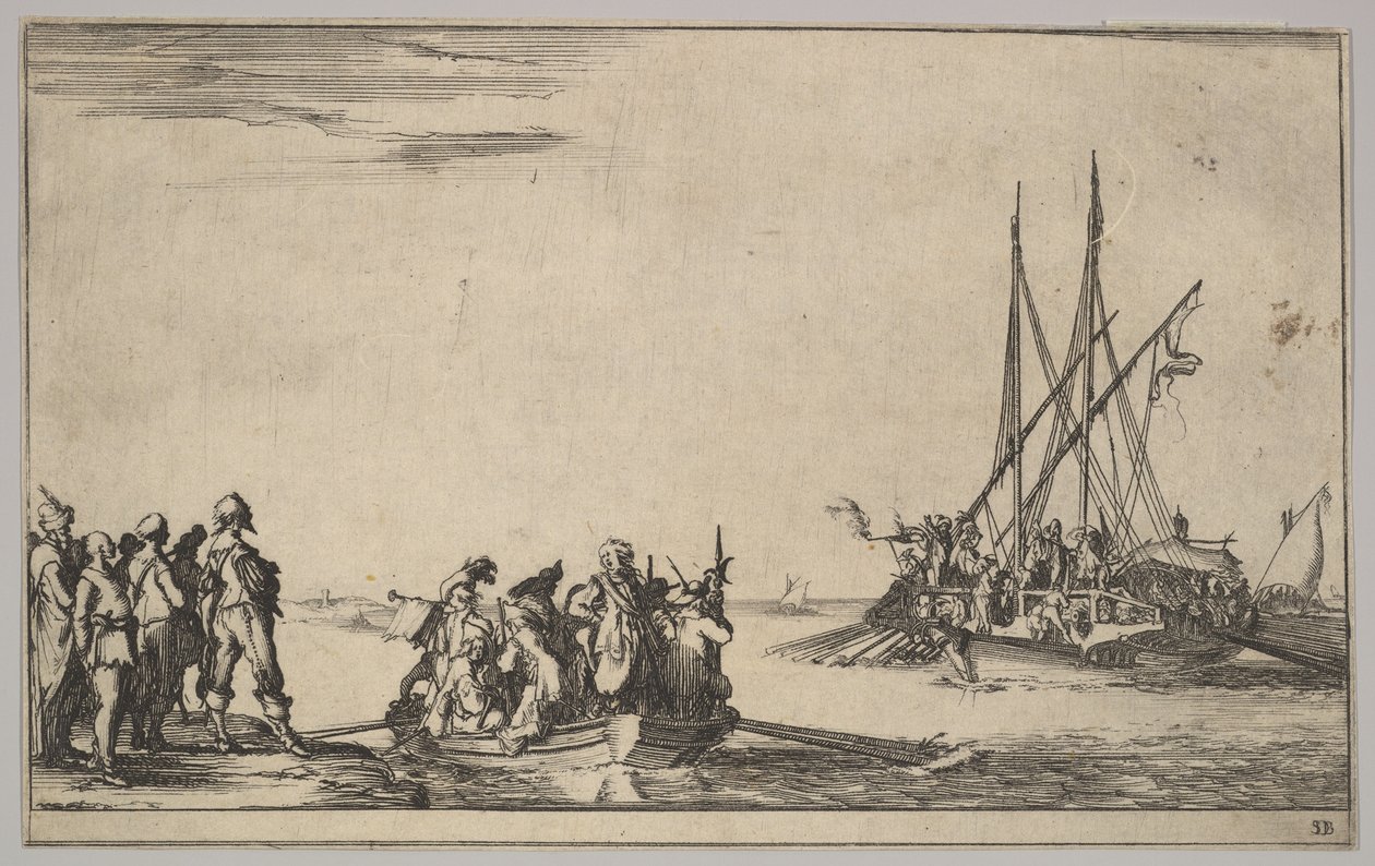 Ortada adamlarla dolu bir kayık, solda kıyıda duran bir grup adam, bir gemi dolusu ..., 1639. by Stefano della Bella