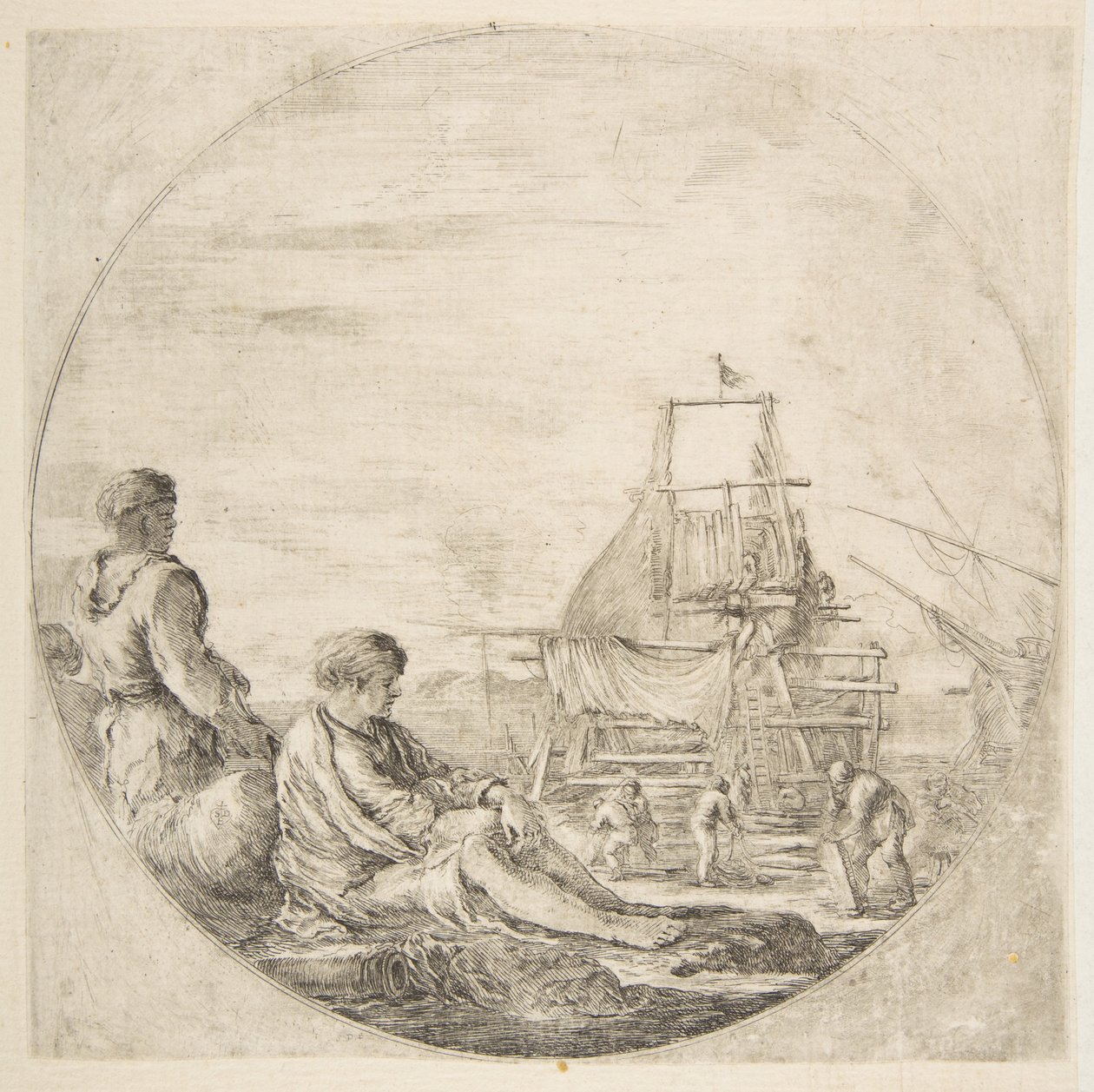 Oturan beyaz bir denizci ve ayakta duran bir siyah denizci, arkada bir gemi inşa eden insanlar..., ca. 1660. by Stefano della Bella