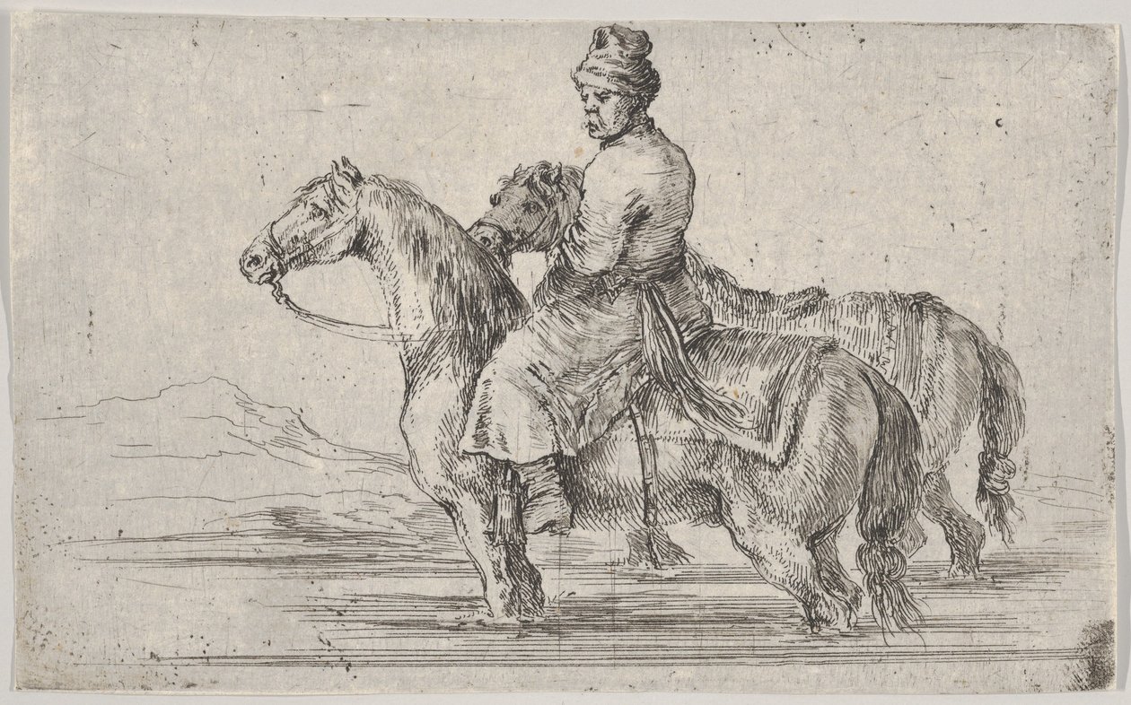 Bir nehirde bir atın üstünde, diğerinin yanında oturan iki atı yıkanan bir uşak..., ca. 1662. by Stefano della Bella