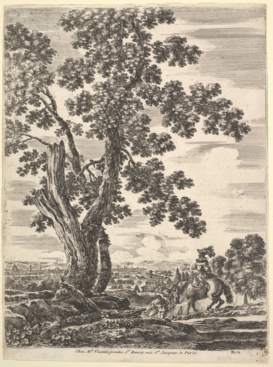Sağdaki bir tepeye inen arkadan görülen atlı bir kadın, büyük bir ağaç ..., yakl. 1652-57. by Stefano della Bella