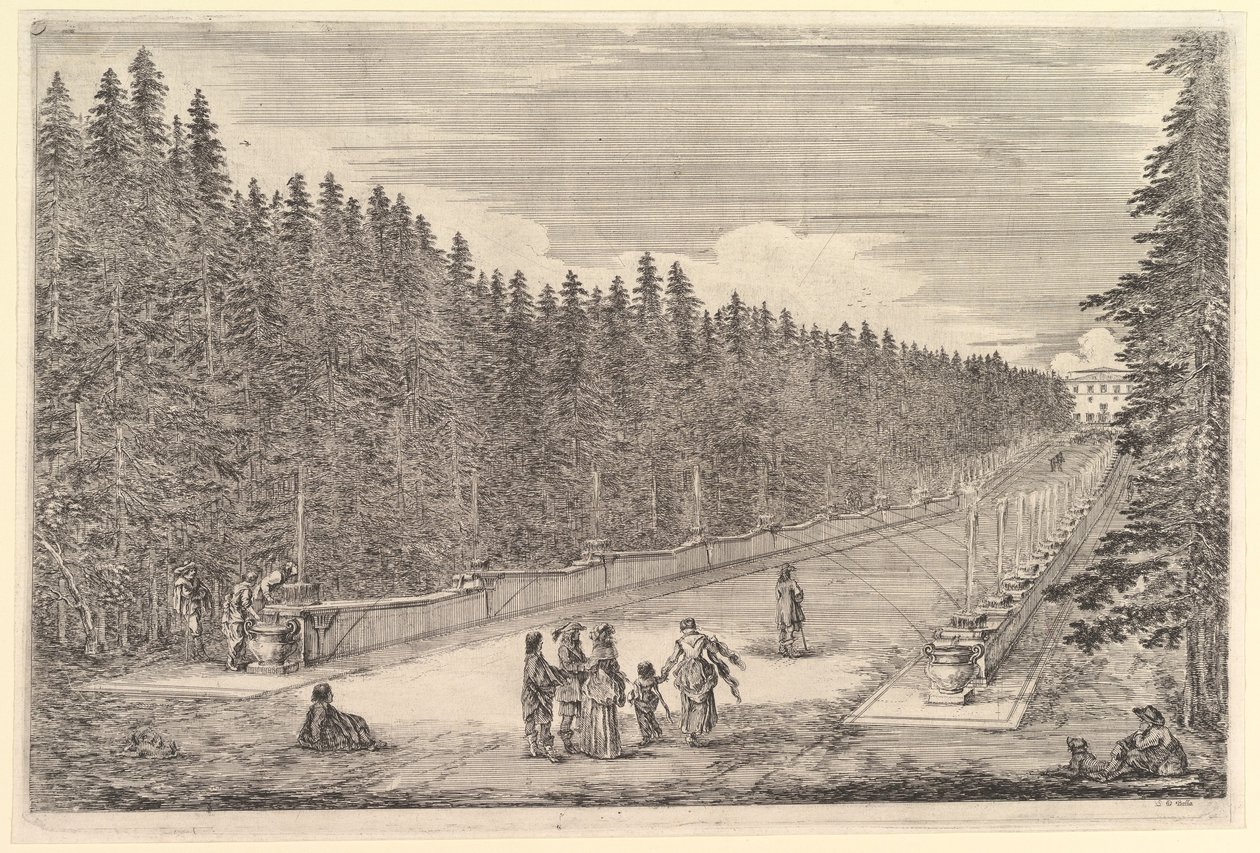 Bir çeşme sokağı, ortada bir grup insan, sağda oturan bir adam ve köpek, iki..., yakl. 1653. by Stefano della Bella