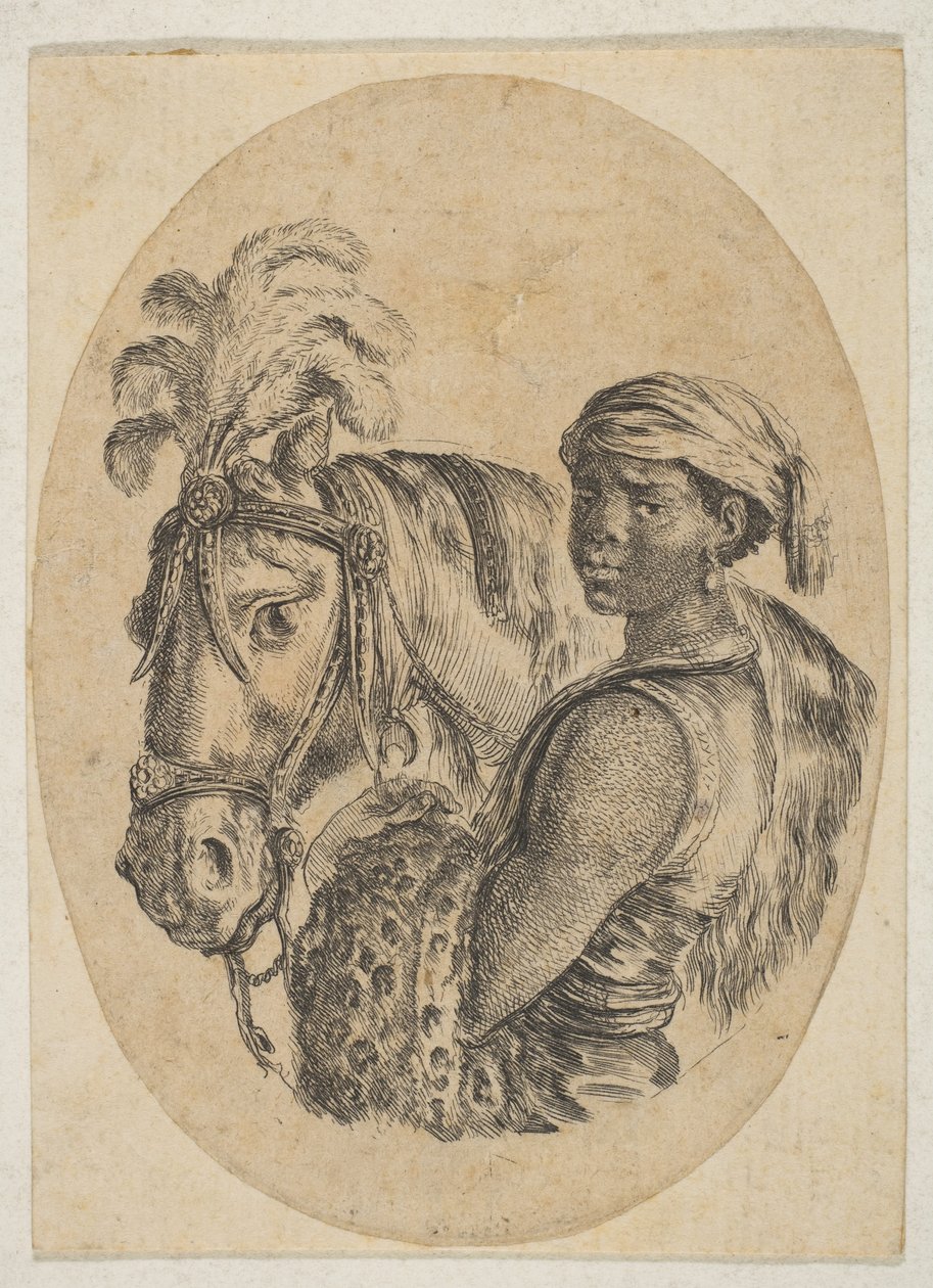 Siyah köle bir leopar postu taşır ve birkaç kafadan bir atın dizginini tutar..., 1649-50. by Stefano della Bella