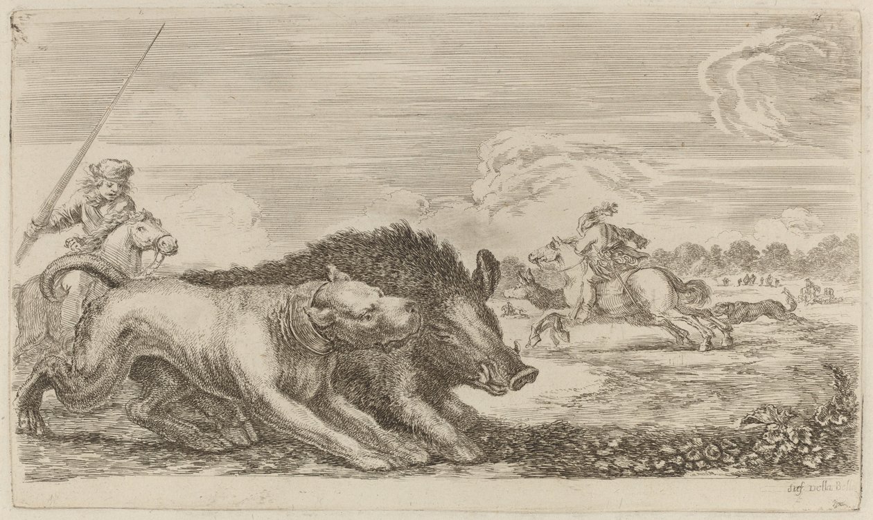 Köpek tarafından kovalanan yaban domuzu by Stefano della Bella