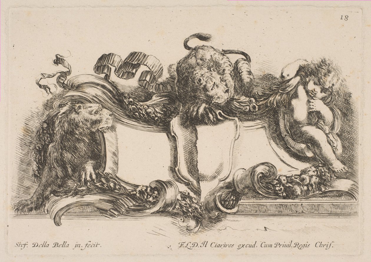 Üzerinde Bir Aslan bulunan ve Çerçeveli Bir Aslan ve Bir Çocuğun Çerçevelediği Boş Kalkan İçeren Kartuş, 1646. by Stefano della Bella