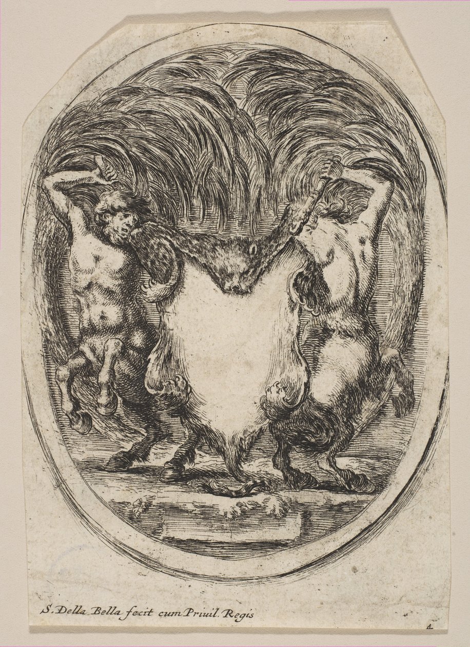 İki Centaur Tarafından Çevrilmiş Bir Kaplan Derisinden Oluşan Kartuş, 1647. by Stefano della Bella