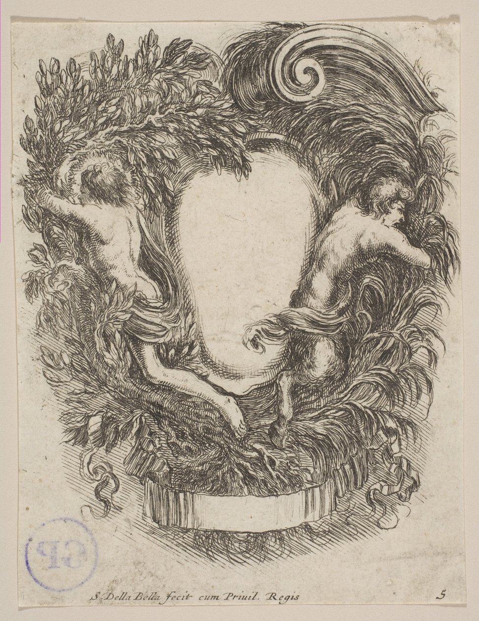 Apollo ve Pan tarafından Çerçevelenen Kartuş, 1647. by Stefano della Bella