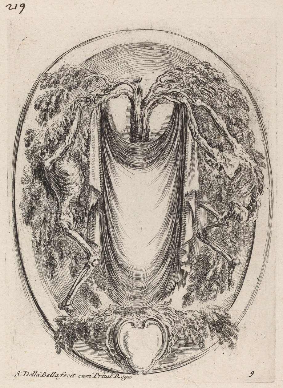 İskeletlerle Çevrilmiş Bir Selviden Asılan Örtü Şeklinde Kartuş, 1647. by Stefano della Bella