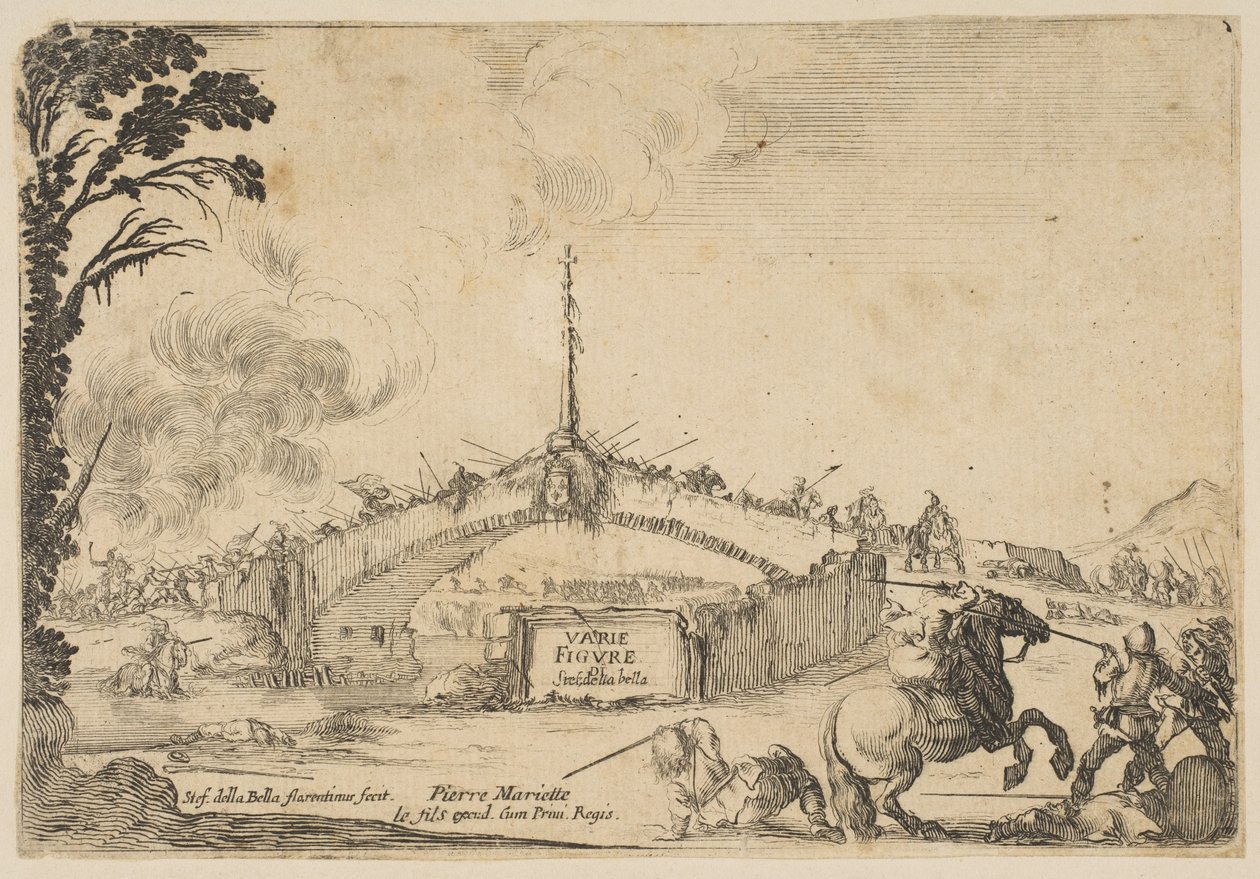 Bir köprüde savaş, bir süvari ve iki piyade, sağ altta kılıçlarla savaşıyor..., ca. 1645. by Stefano della Bella