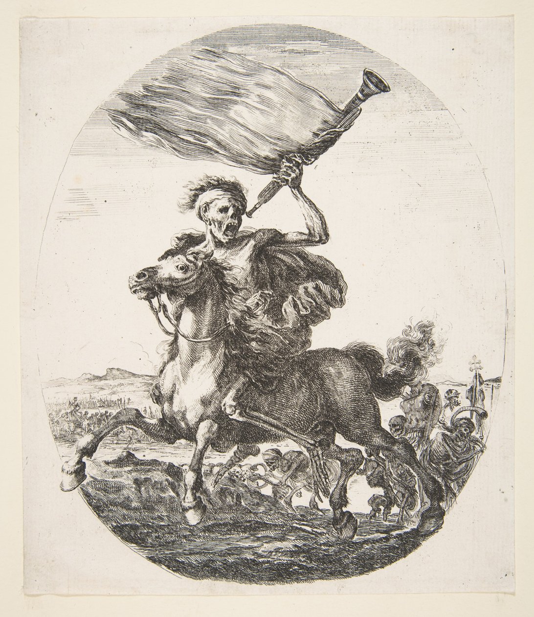 Bir trompet tutan at sırtında ölüm, Beş ölümden Les cinq Morts, yaklaşık. 1648. by Stefano della Bella