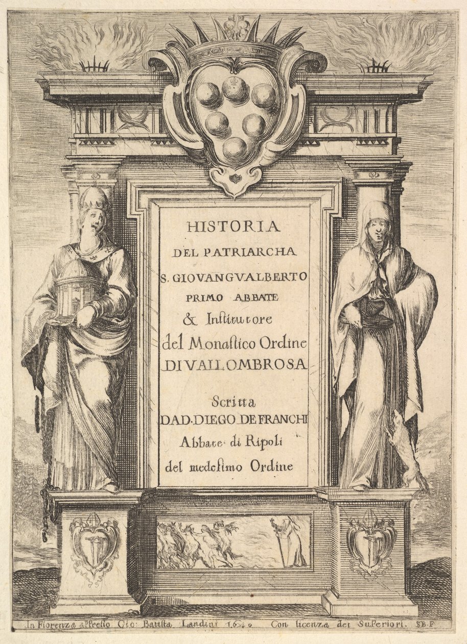 Frontispiece: Ortada Medici arması ile süslenmiş bir anıt, alevler..., 1640. by Stefano della Bella