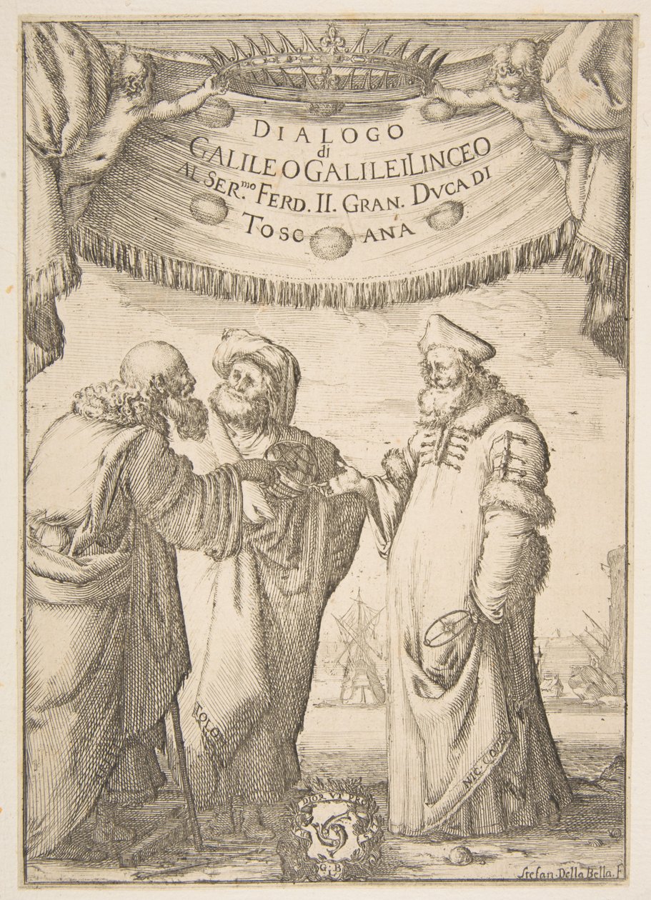 Galileo Galilei, 1632 tarafından Diyalog için Frontispiece. by Stefano della Bella