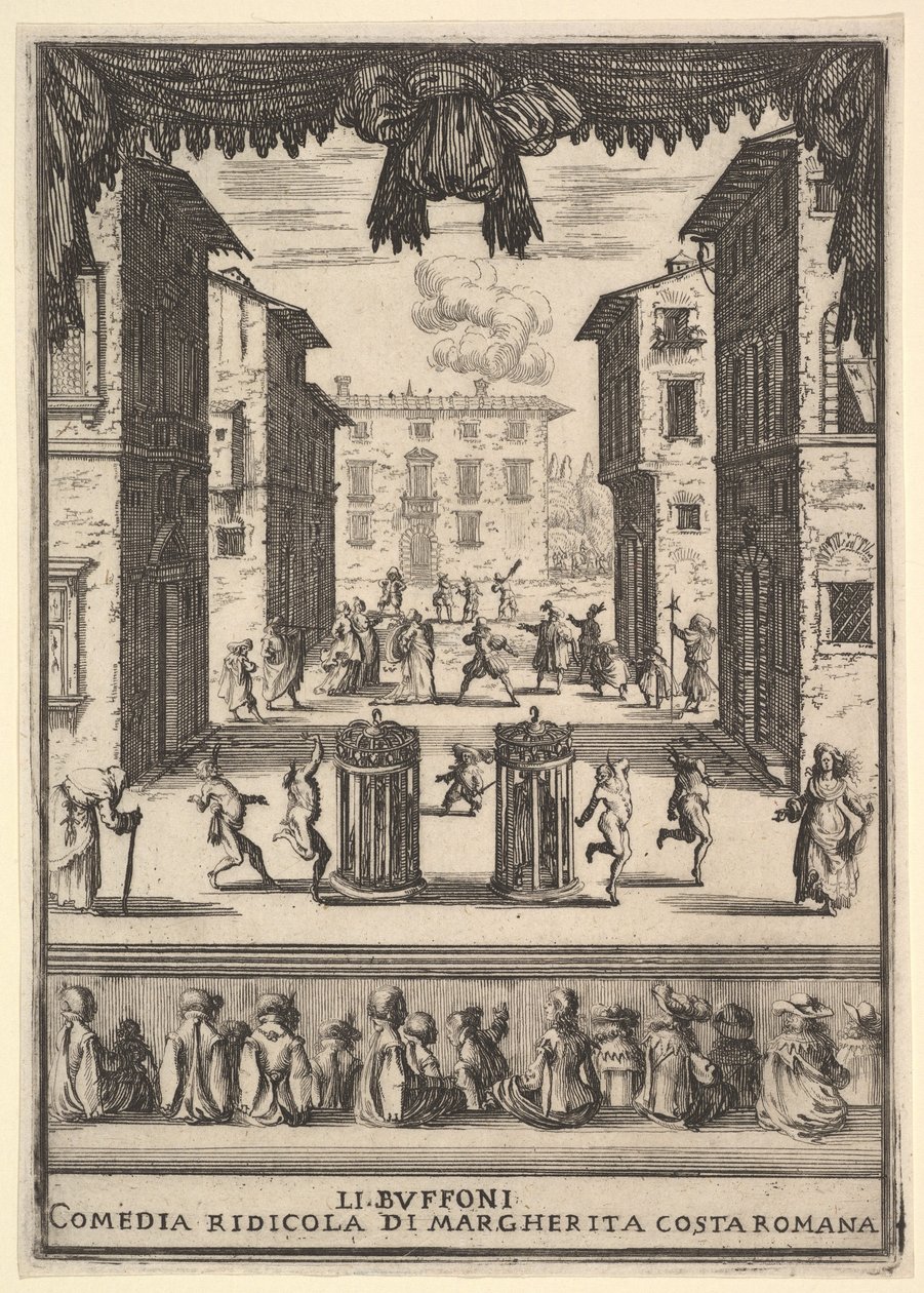 The Buffoons Li Buffoni adlı komedinin ön yüzü, bir puya benzeyen bir sahne seti..., 1639-41. by Stefano della Bella