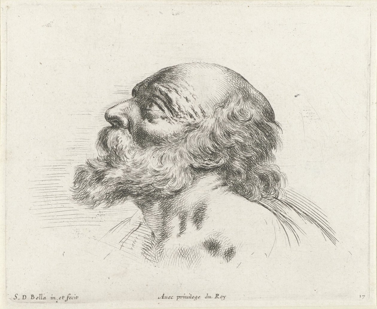 Profilde solda sakallı yaşlı kel bir adamın başı (muhtemelen Saint Peter) Çizimin temelleri (dizi başlığı) I principii del disegno (dizi başlığı) by Stefano della Bella
