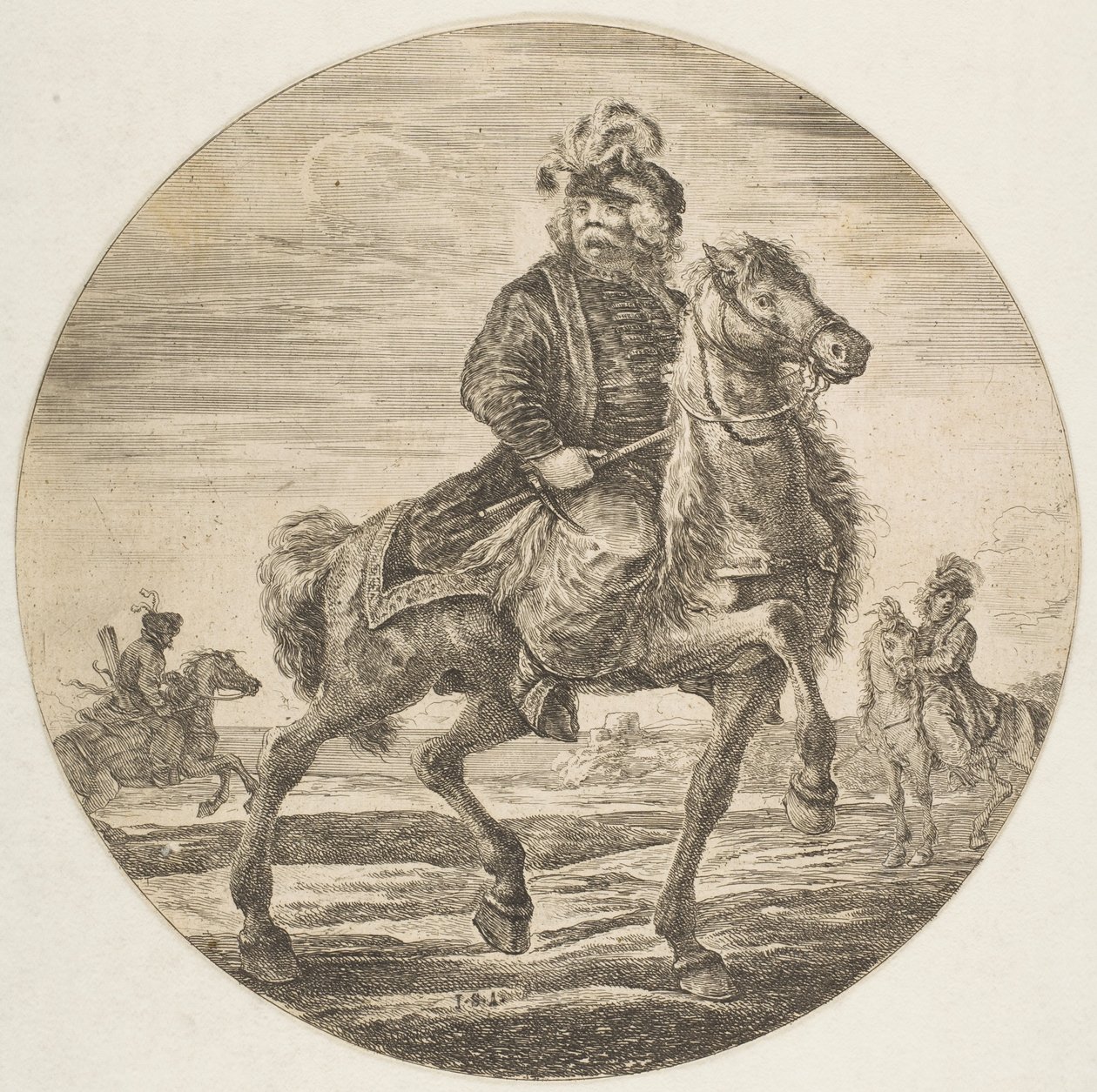 Sağa doğru giden Macar atlısı, arka planda diğer atlılar, bir sirk..., yakl. 1651. by Stefano della Bella