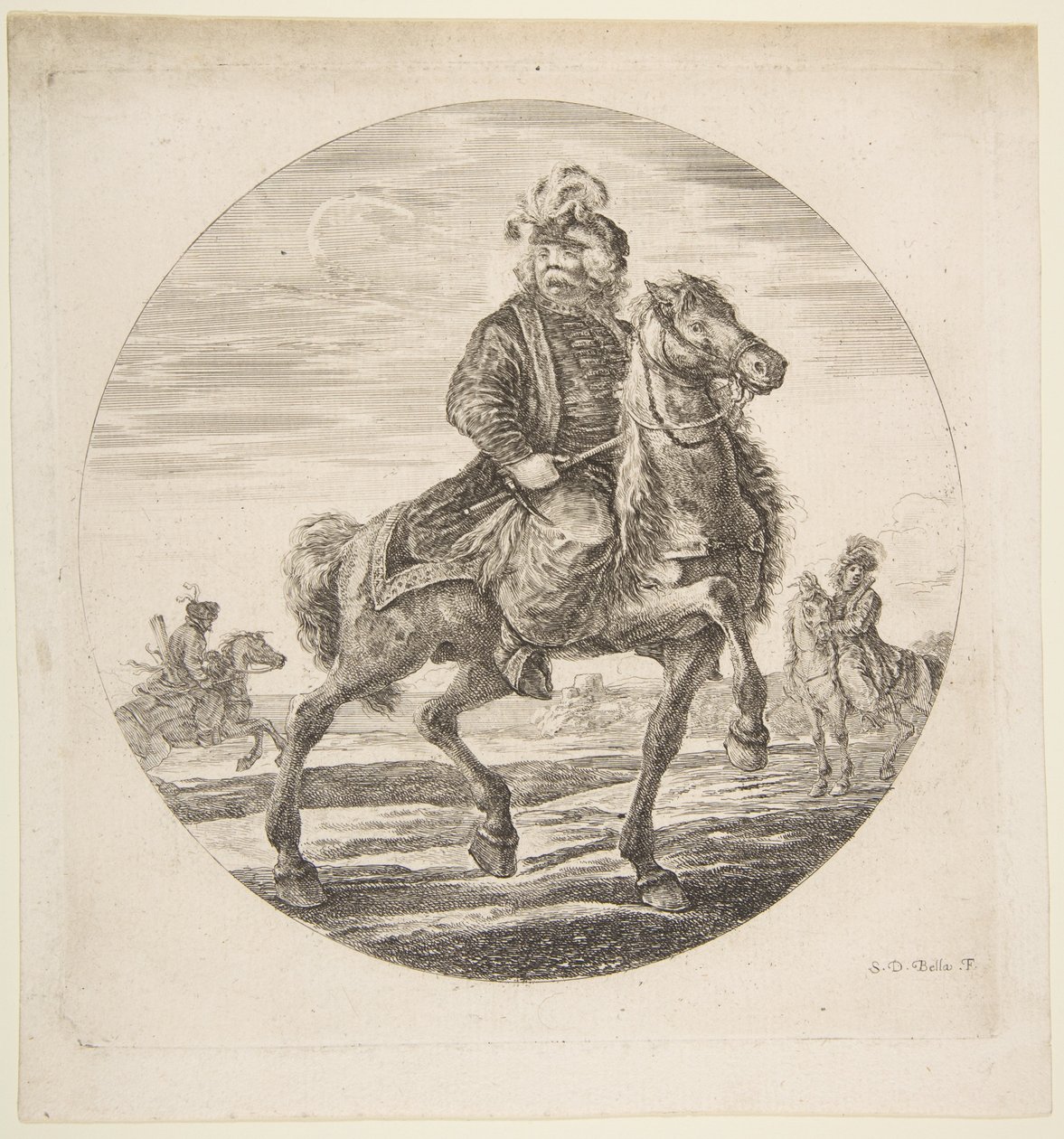Sağa doğru giden Macar atlısı, arka planda diğer atlılar, bir sirk..., yakl. 1651. by Stefano della Bella