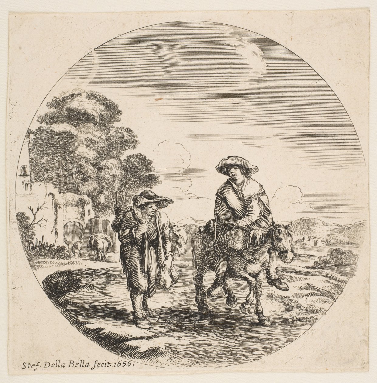 İki Köylü, Biri Ata Binmiş Peyzaj, Manzaralardan ve Limanlardan Peyzajlar ..., 1656. by Stefano della Bella