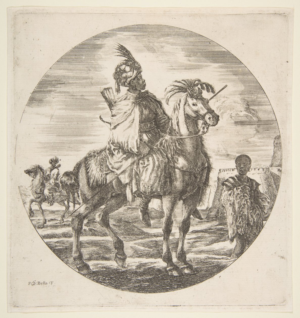 Profilde sağa bakan Mağribi süvari, sağda kürk tutan siyah bir köle, anthe..., yakl. 1651. by Stefano della Bella