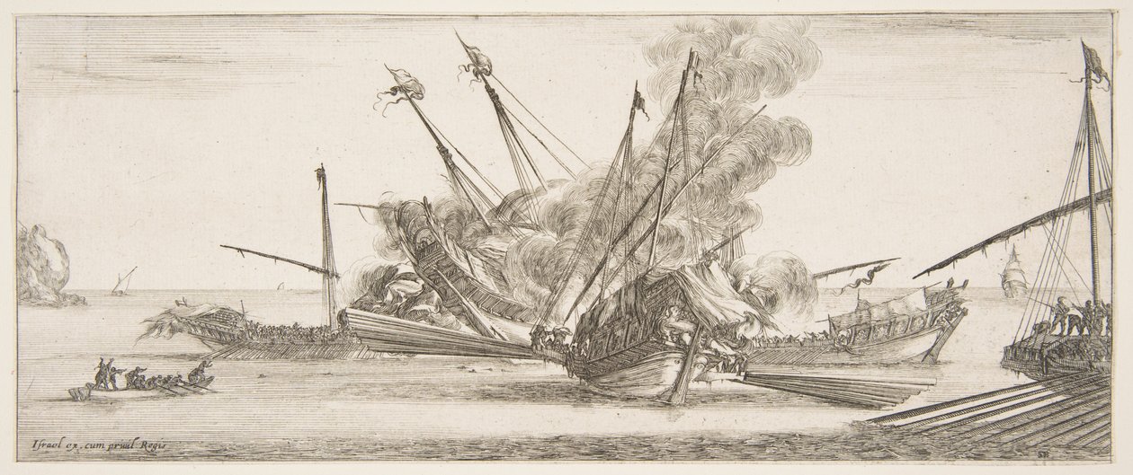 Deniz muharebesi, merkezde bir gemi, arkadan görülüyor, dört düşman gemisine ateş ediyor, bir diğeri ..., yakl. 1641. by Stefano della Bella