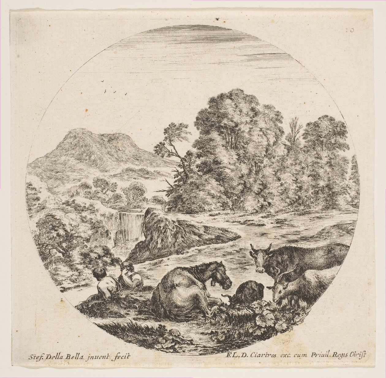 Levha 10: ortada yatan bir at, sağda bir inek ve iki keçi, iki oturan çoban..., yakl. 1646. by Stefano della Bella