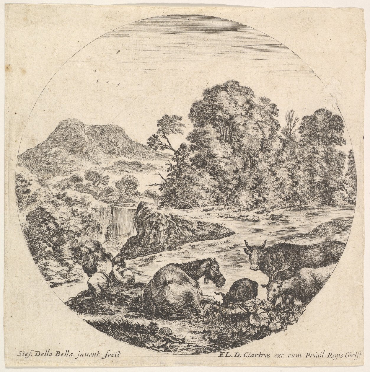 Levha 10: ortada yatan bir at, sağda bir inek ve iki keçi, iki oturan sh..., yakl. 1643-48. by Stefano della Bella