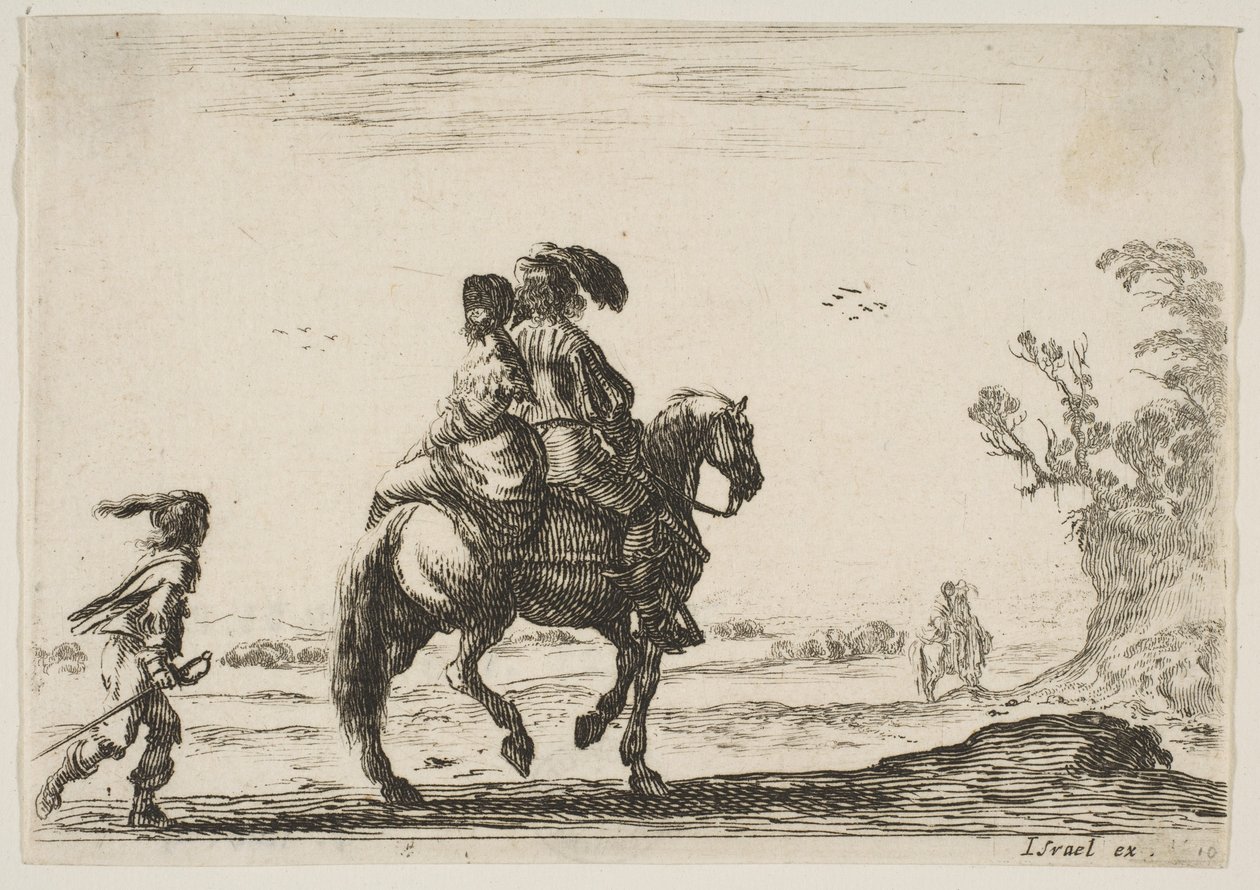 Levha 10: Bir süvari ve bir kadın, arkadan görülüyor, gençle birlikte sağa doğru sürüyorlar ..., 1642. by Stefano della Bella