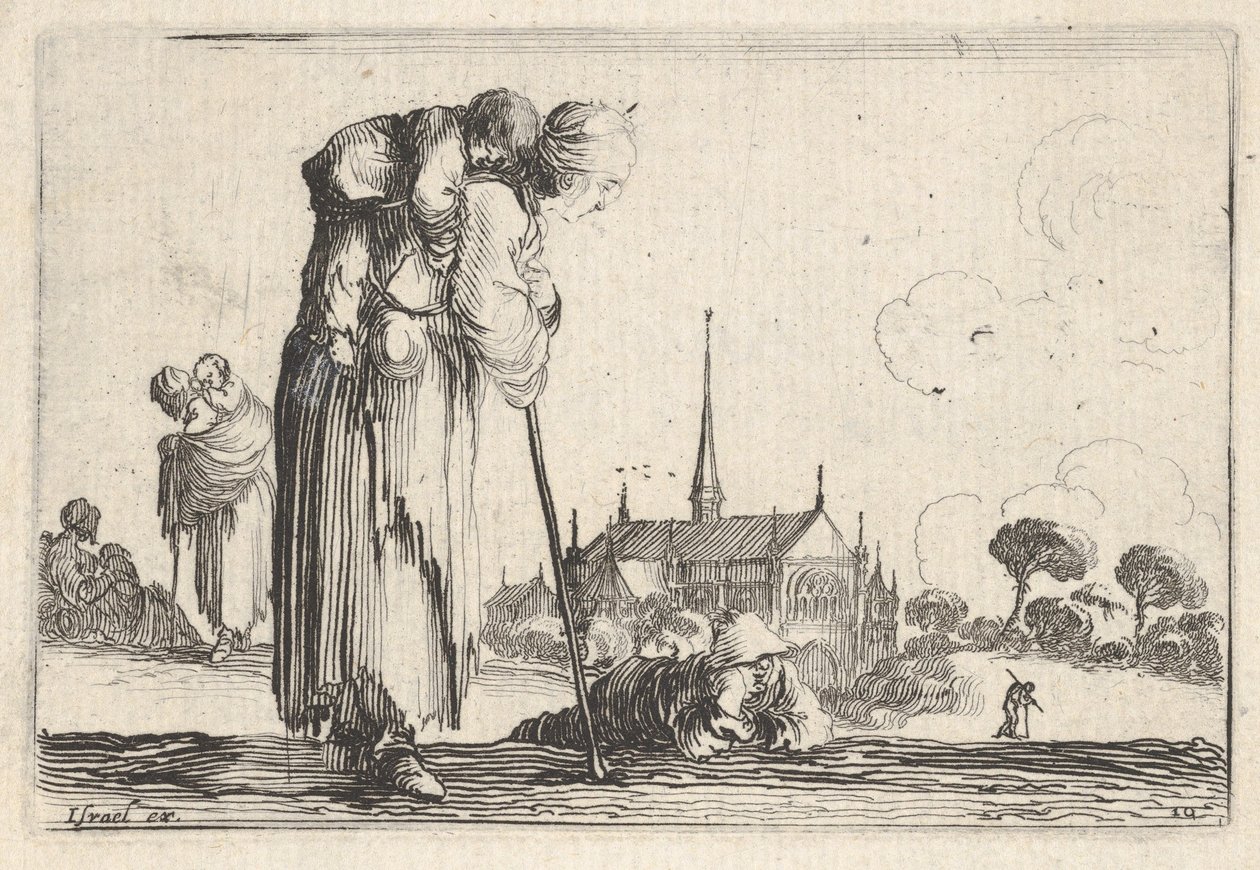 Levha 10: Sağa dönük bir köylü kadın, sırtında bir çocuk, bir oğlan çocuğu..., yakl. 1642. by Stefano della Bella