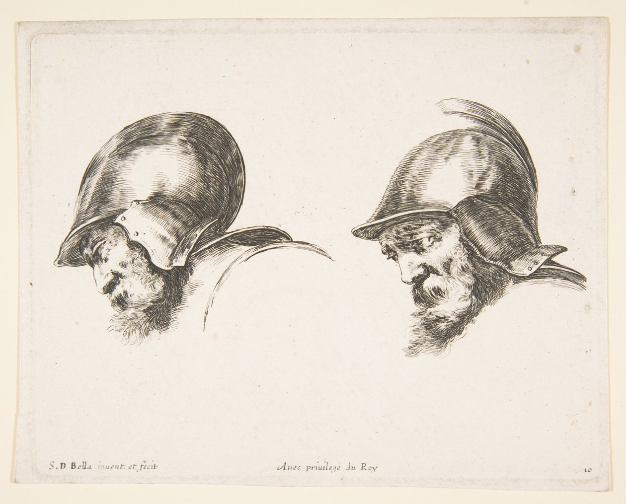Levha 10: Miğfer takan, ikisi de sola bakan ve aşağı bakan iki yaşlı asker başı..., yakl. 1641. by Stefano della Bella
