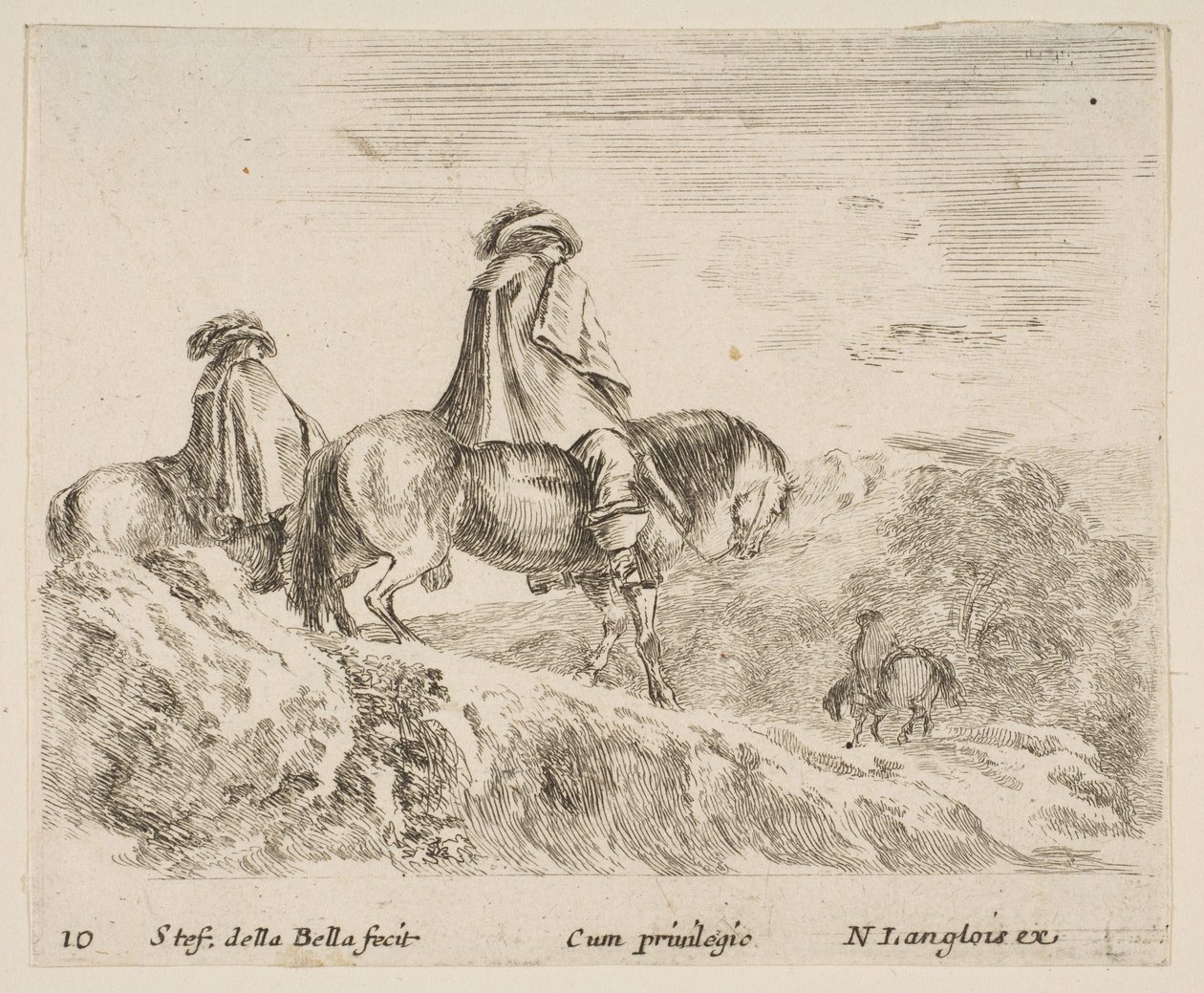Levha 10: Solda bir dağa inen iki atlı, sağa doğru başka bir atlı ..., ca. 1644-47. by Stefano della Bella