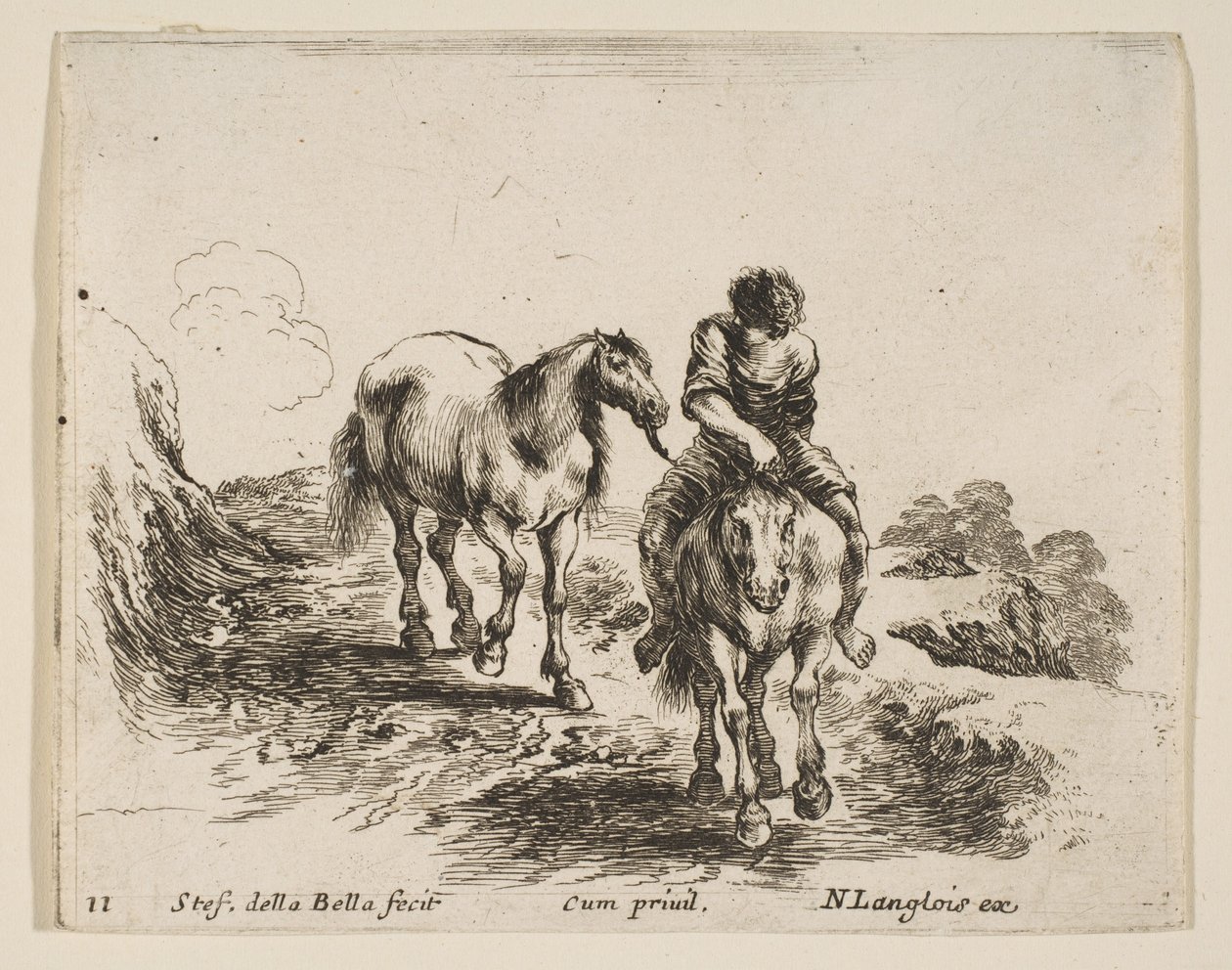 Levha 11: Dalgıçtan başka bir ata önderlik eden önden görülen genç bir süvari..., yakl. 1644-47. by Stefano della Bella
