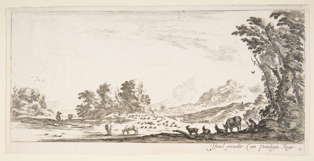 Levha 11: Sağda bir ağacın altında oturan çoban, soldaki sürüsünü izliyor..., yakl. 1641. by Stefano della Bella