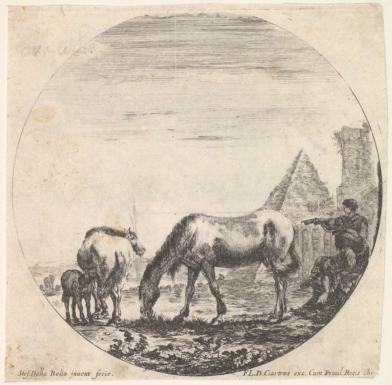 Levha 11: Sağda arka planda Caius Cestius piramidi, otlayan bir at ..., yakl. 1643-48. by Stefano della Bella