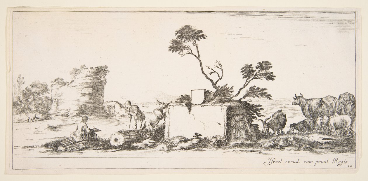 Levha 12: solda oturan bir ressam, sağda yanında ayakta duran bir çoban, harabe..., yakl. 1641. by Stefano della Bella