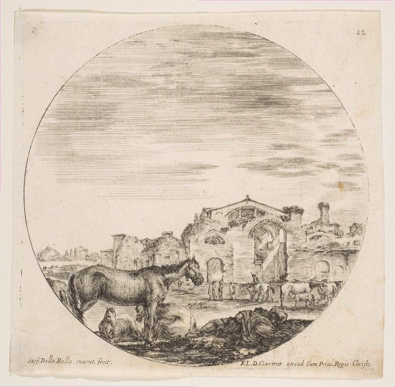 Levha 12: Sağda yerde uyuyan bir çoban, solda üç at, diğer atlar..., yakl. 1646. by Stefano della Bella