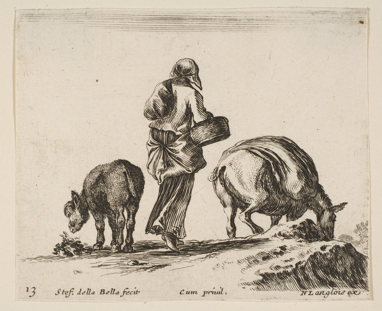 Levha 13: Arkadan görülen, ortasında sepet tutan bir köylü kadın, bir eşek..., yakl. 1644-47. by Stefano della Bella